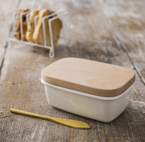 Warm White Enamel Butter Dish with Wooden Lid